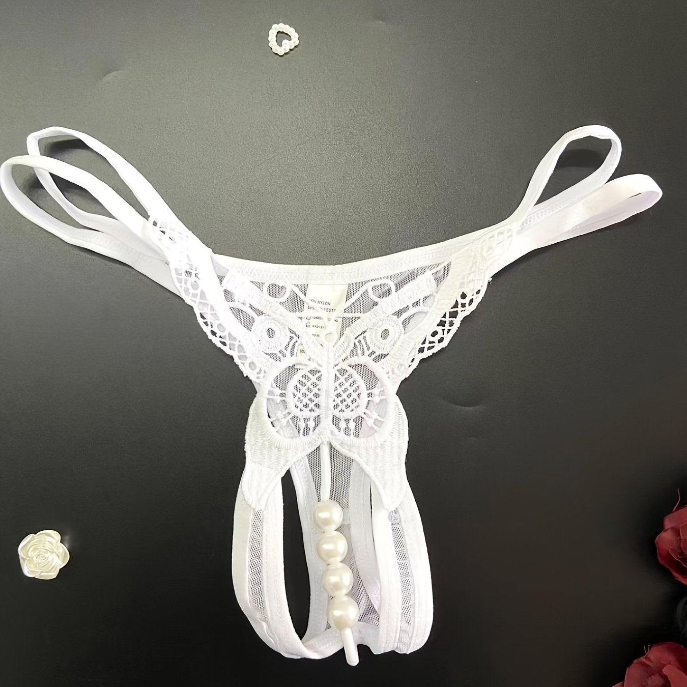 Women's Low-Rise Embroidered Sheer Thong with Pearl Accents