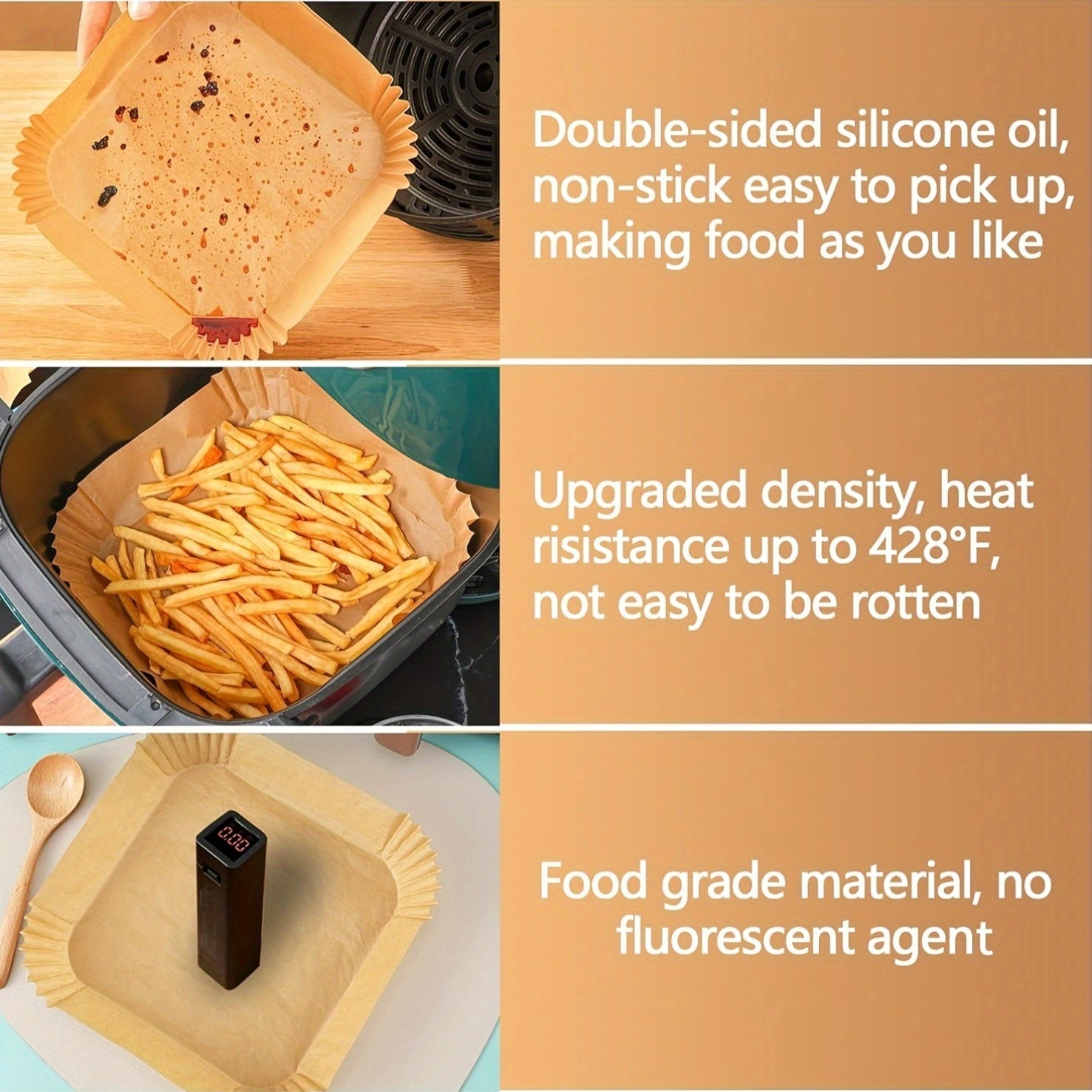 100 Square Sheets Heatproof Baking Parchment for Air Fryers and Ovens Non-Stick Easy to Clean