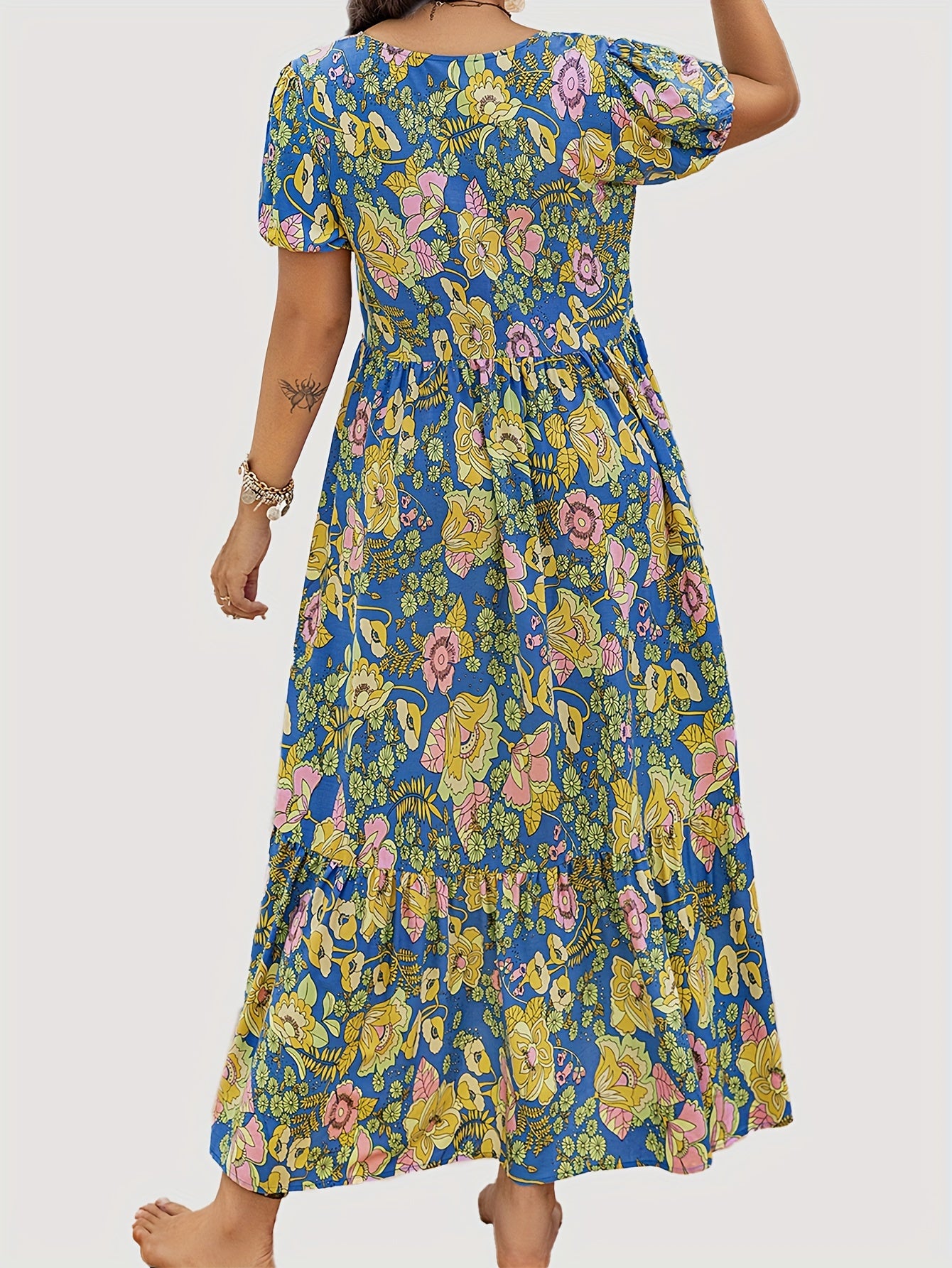 Boho Chic yozgi kiyi ayollar uchun, pleated ruffle uzun bo'yli, gullar bilan bezatilgan V-neck, ko'p ranglarda