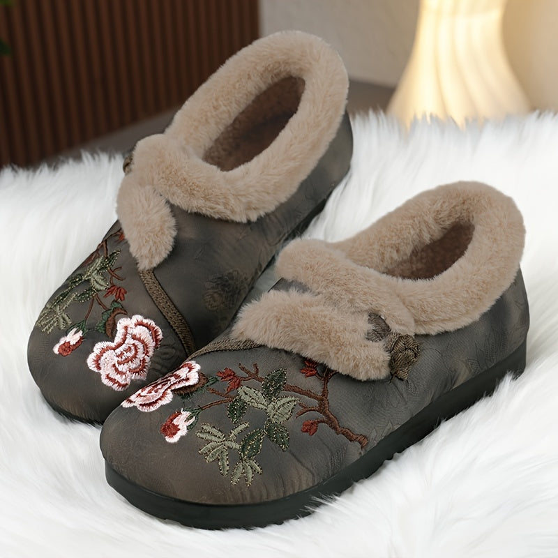 Women's Ethnic Embroidery Winter Boots Faux Fur Lined Non-Slip Sole Red Green