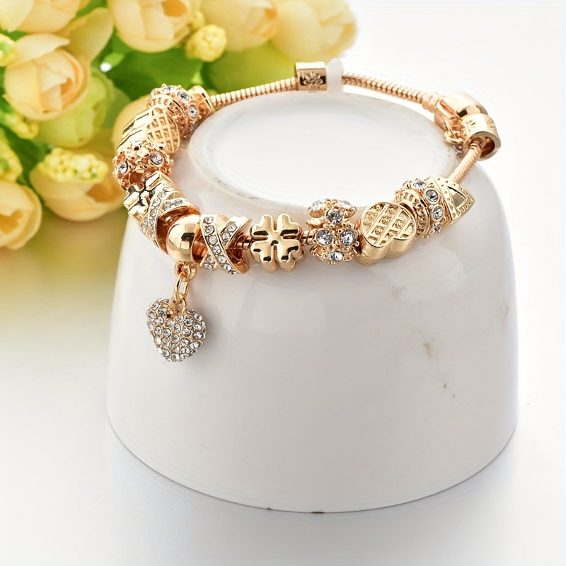 Gold Tone Heart Charm Bracelet with Rhinestones and Large Hole Beads