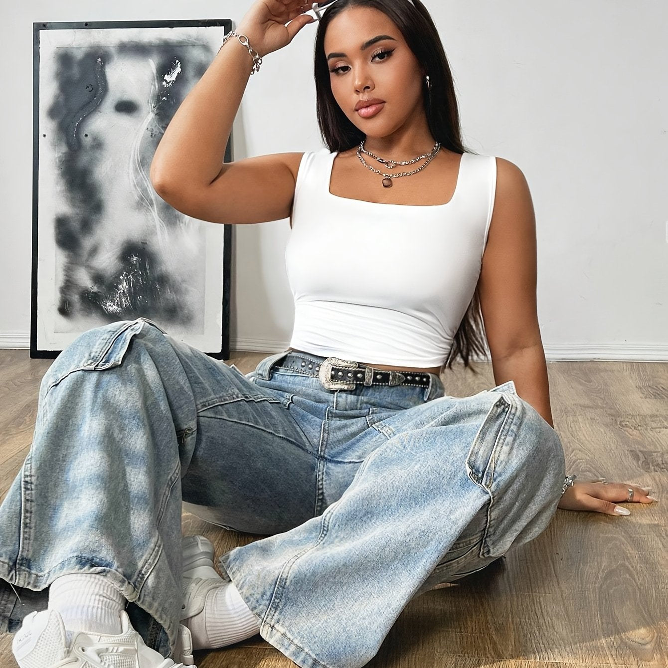 Plus Size Women's Sleeveless Square Neck Tank Top Polyester Knit Solid Color Summer