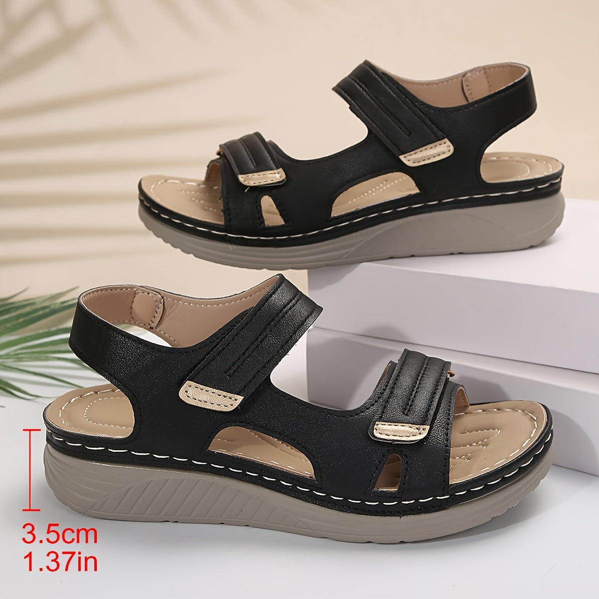 Women's Faux Leather Open-Toe Wedge Sandals with Hook-and-Loop Fastener