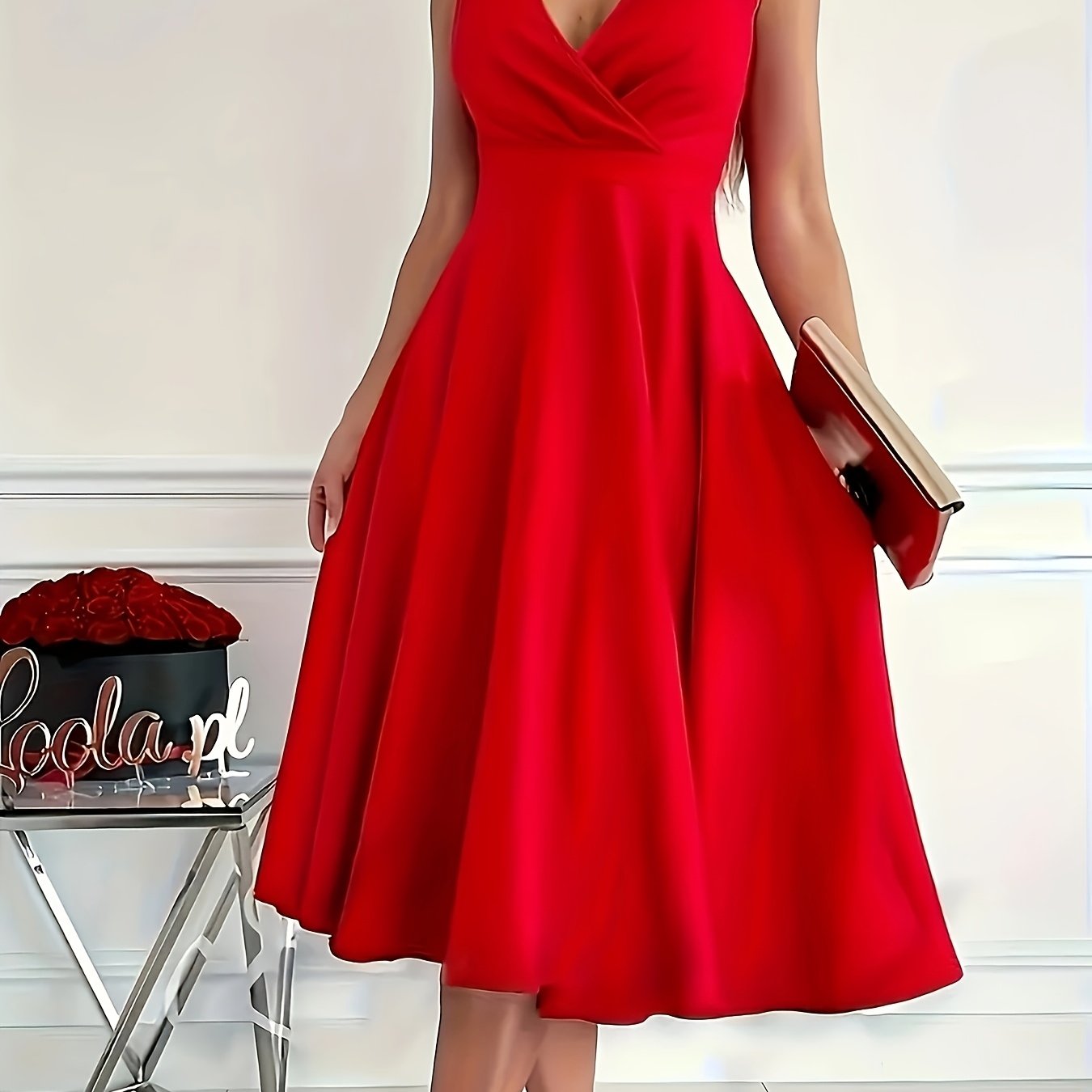 Solid Color Sleeveless Dress with Pleated V-Neck for Spring and Summer Vacation