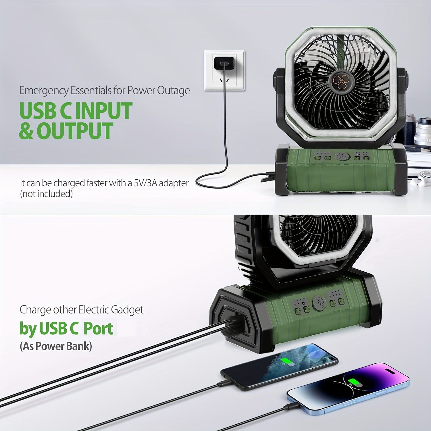 Cordless USB Fan with LED Lantern Green Rechargeable Lithium Battery Adjustable Oscillation Portable for Camping Bedroom Office