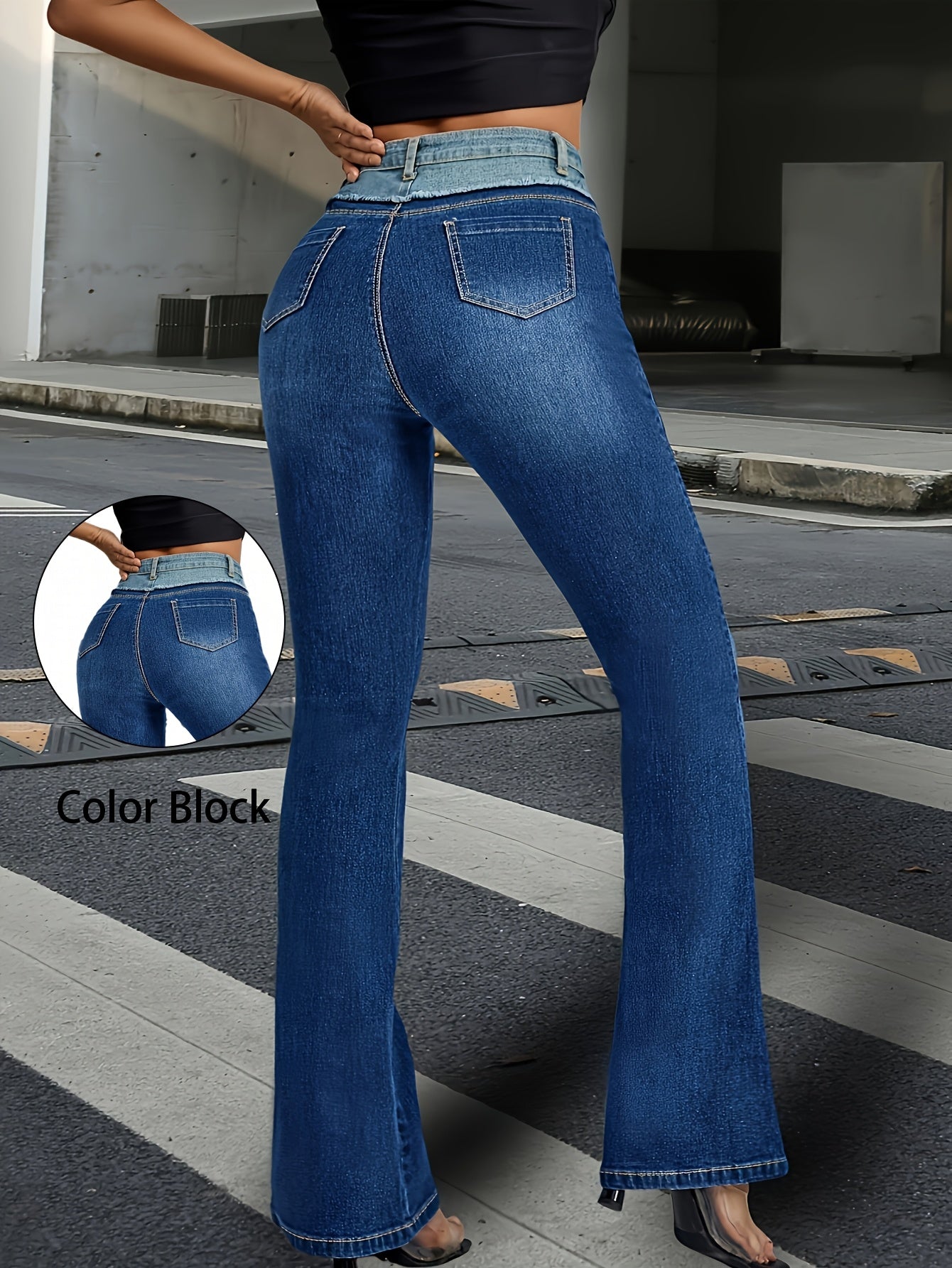 Ayollar uchun katta o'lchamli yuqori belli kengaytirilgan mom jeans denim rangli blokli patchwork bell bottoms