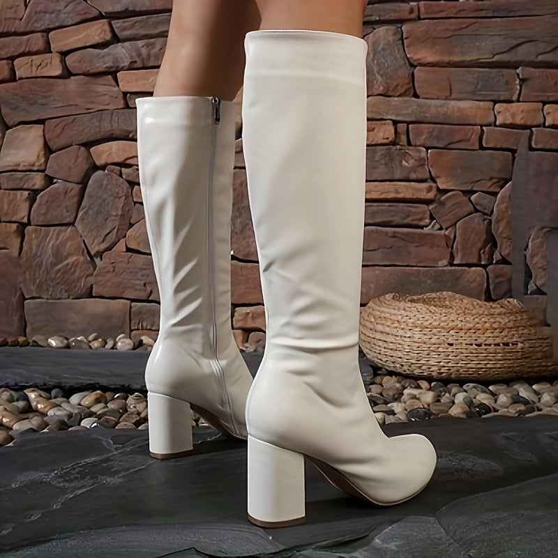 Women's Solid Color Knee-High Boots with Zipper Chunky Heel