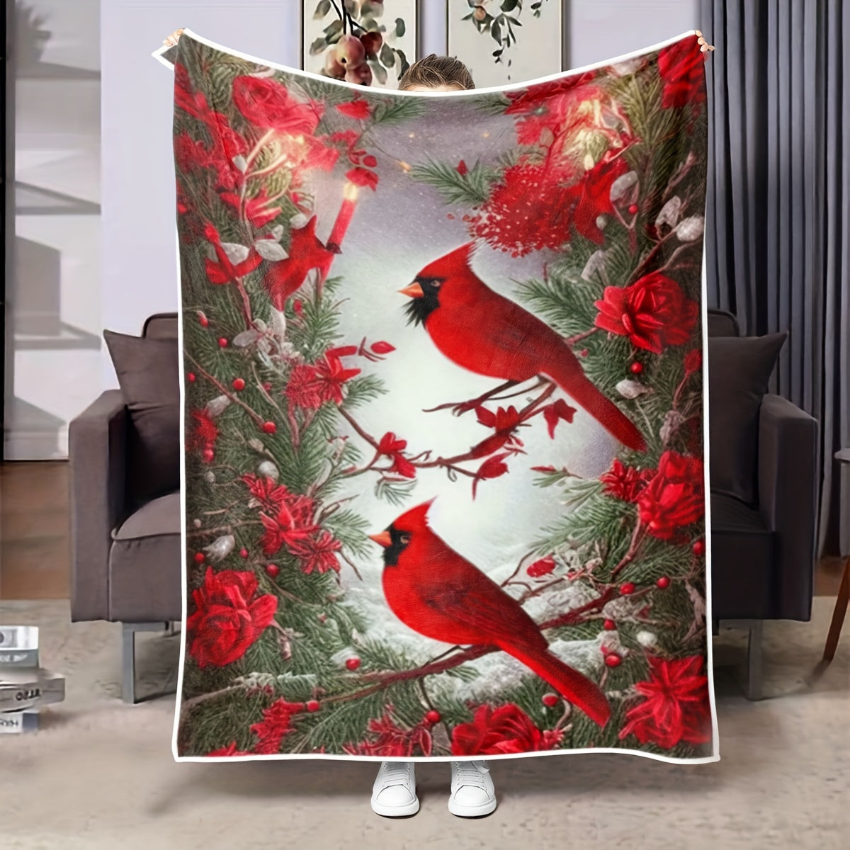 Colorful Cardinal Patterned Flannel Throw Blanket for All Seasons Woven Polyester