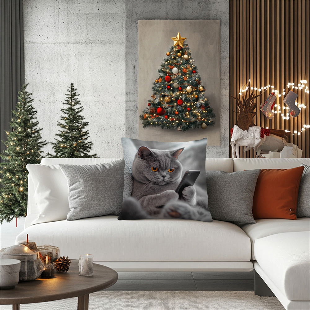 Cat Phone Pillow Cover Double-Sided Woven Polyester Fade-Resistant Decorative Pillowcase 45.72cm