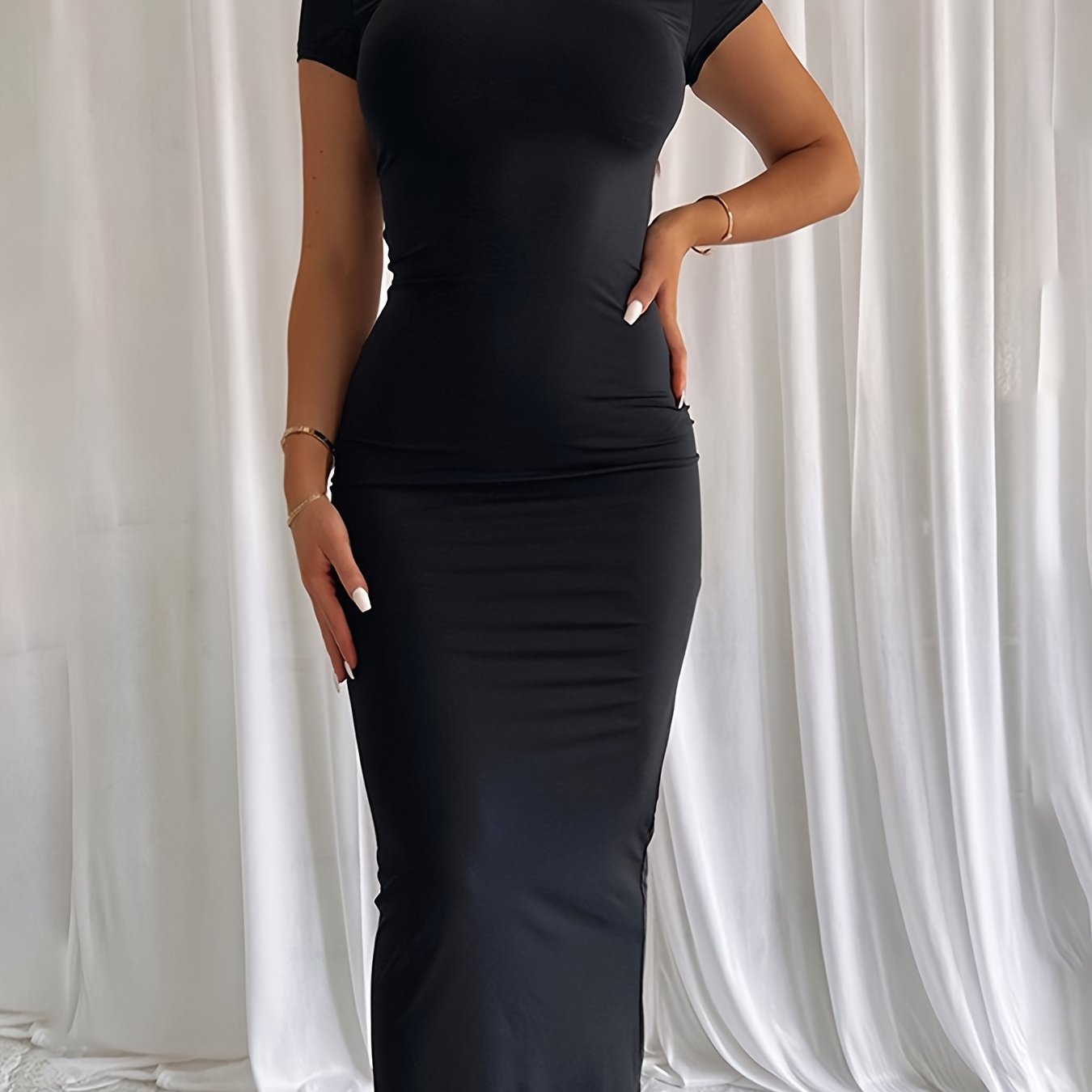 Dark Green Bodycon Midi Dress for Women Short Sleeve Crew Neck Stretch Polyester Elastane Elegant Pencil Skirt Style
