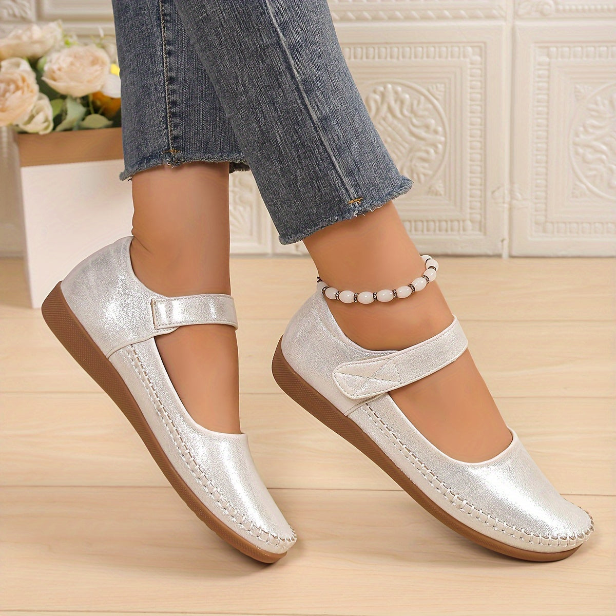 Ladies Flat Shoes Lightweight Comfortable Round Toe Buckle Strap Casual