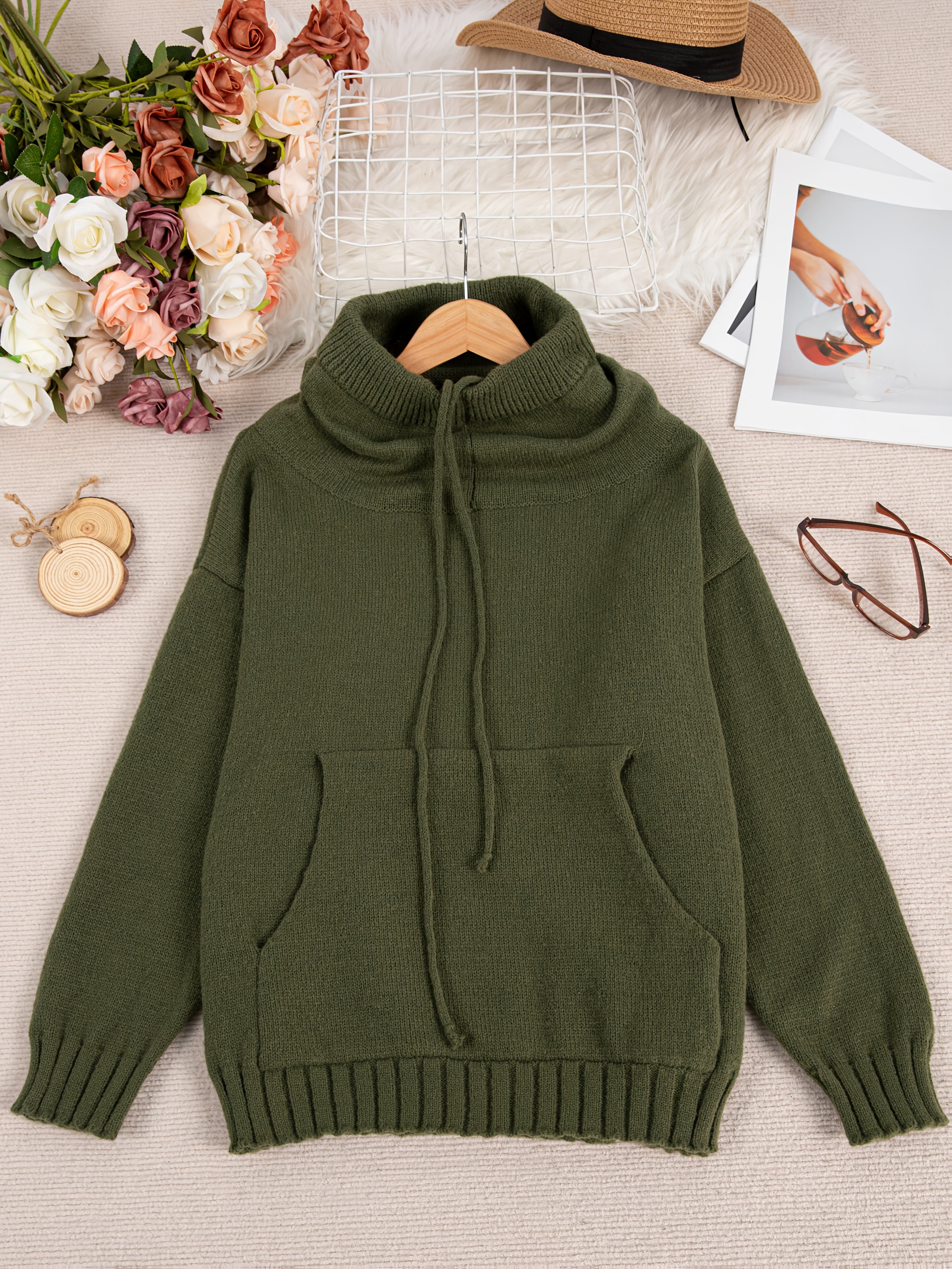 Women's Casual Irregular Collar Sweater With Drawstring Pockets