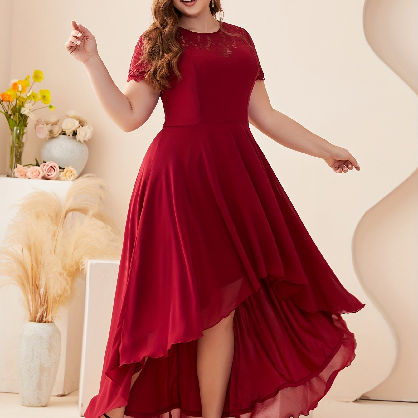 Plus Size Bridesmaid Dress Chiffon Flared Short Sleeve Crew Neck