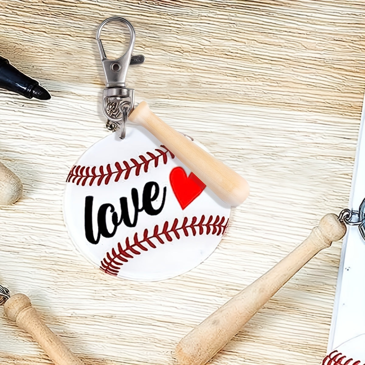 Juego de 18 llaveros de acrílico de béisbol y softbol con bate de madera en miniatura para favores deportivos