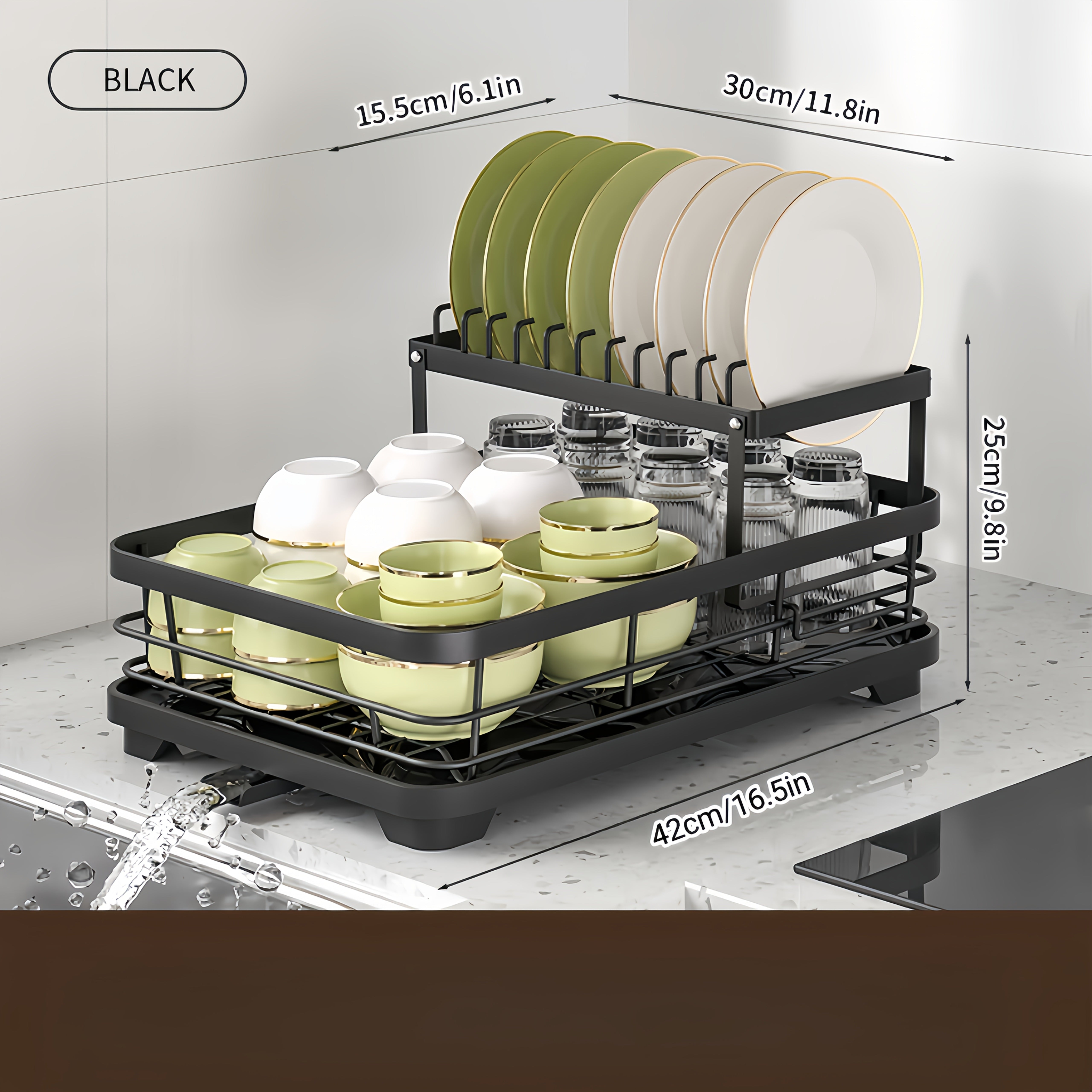 Black Iron 2-Tier Kitchen Dish Rack with Drainboard Utensil Holder and Foldable Design