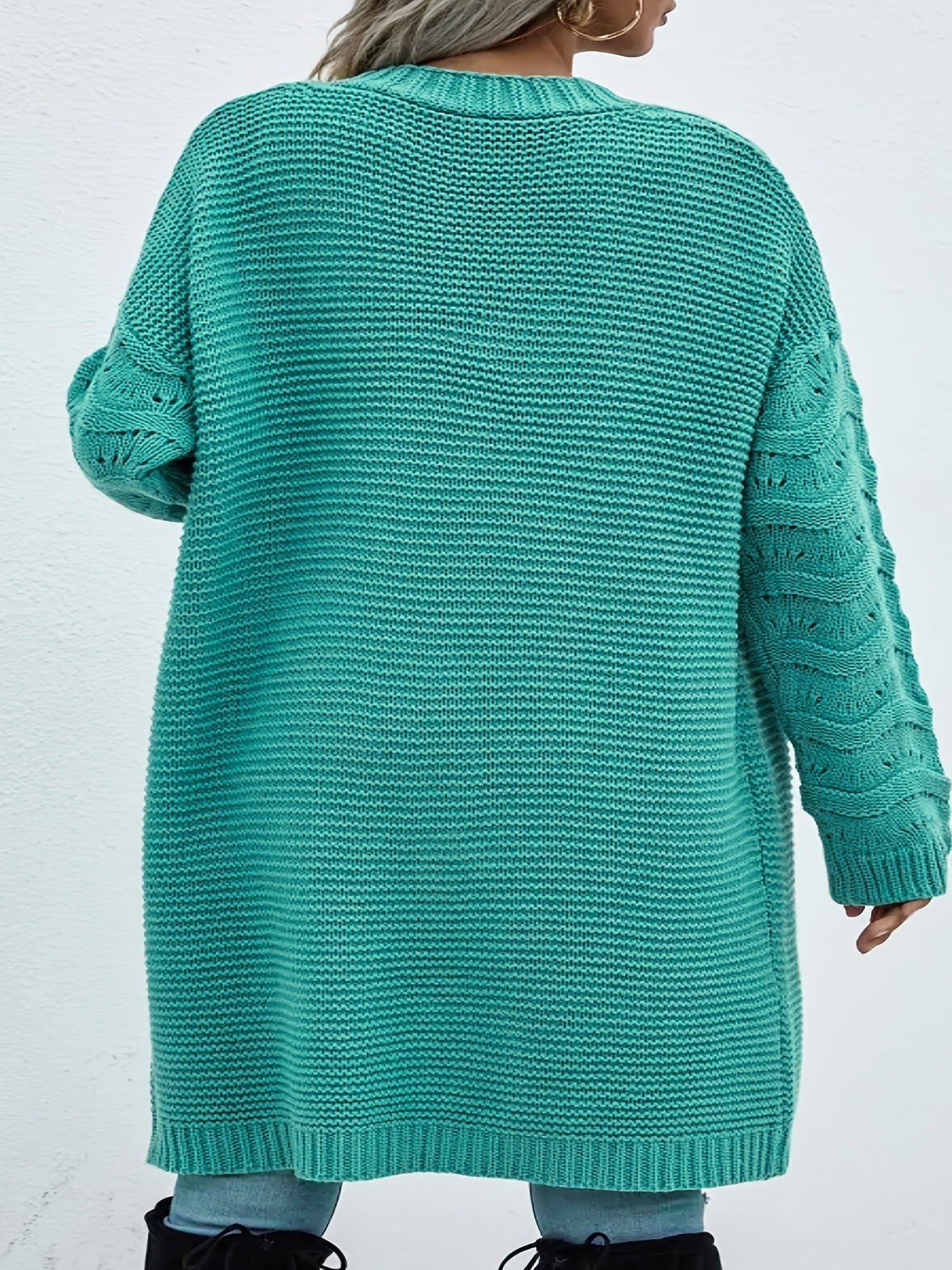 Plus o'lcham uzun kardigan ayollar uchun, bir rangli, ochiq oldi, kundalik, kuz va qish uchun