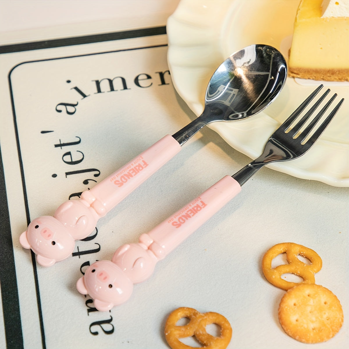 Set of 2 Stainless Steel Kitchen Utensils with Cartoon Design in Reusable Case