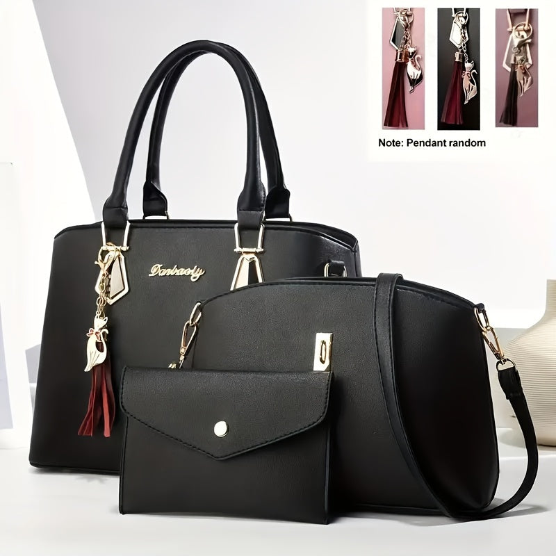 Women's 3-Piece Faux Leather Handbag Set with Tassel Crossbody Tote and Sling