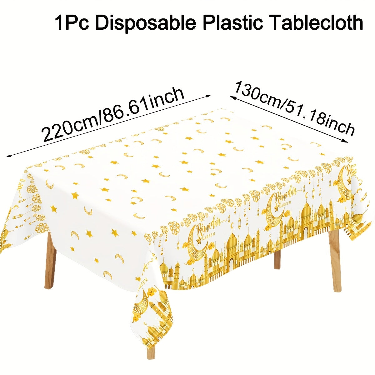 Black and White Plastic Eid Mubarak Tablecloth with Castle Moon and Star Lantern Design for Ramadan and Eid