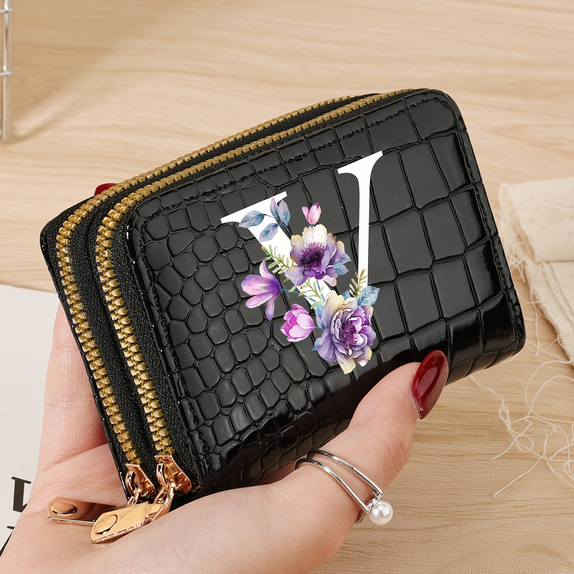 Minimalist Floral Credit Card Holder with Zipper Coin Purse for School and Back-to-School Supplies