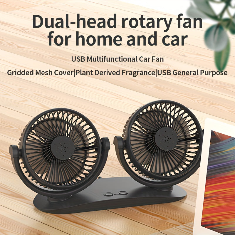 Dual-Head USB Car Fan with 3-Speed, Aromatherapy Cover, Multi-Angle Rotation