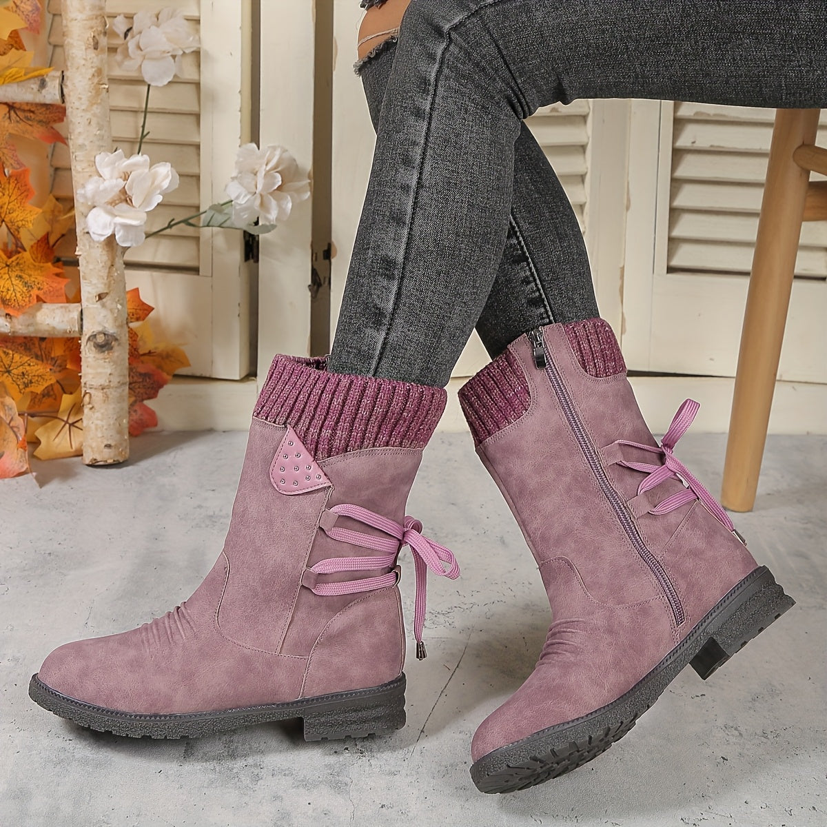 Women's Faux Cover Chunky Heel Ankle Boots with Zip Closure