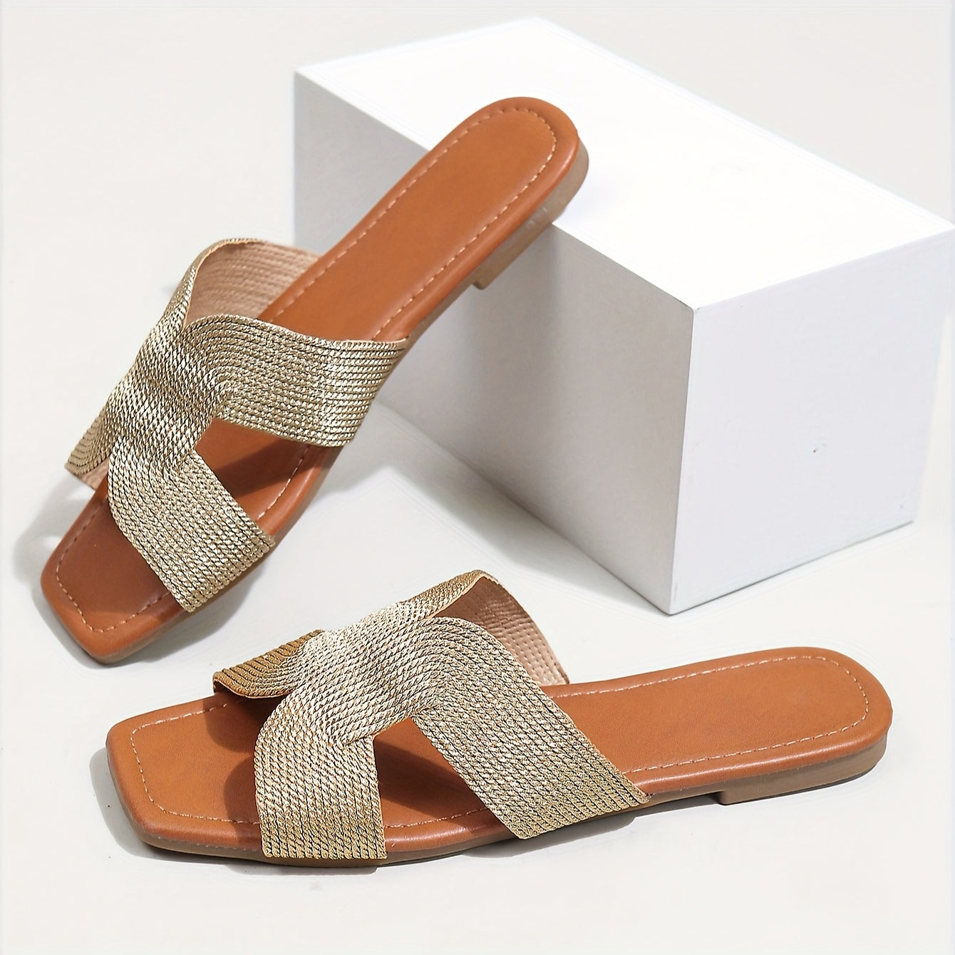 Women Solid Color Strappy Flat Sandals Slip-On Open Toe Beach Slides