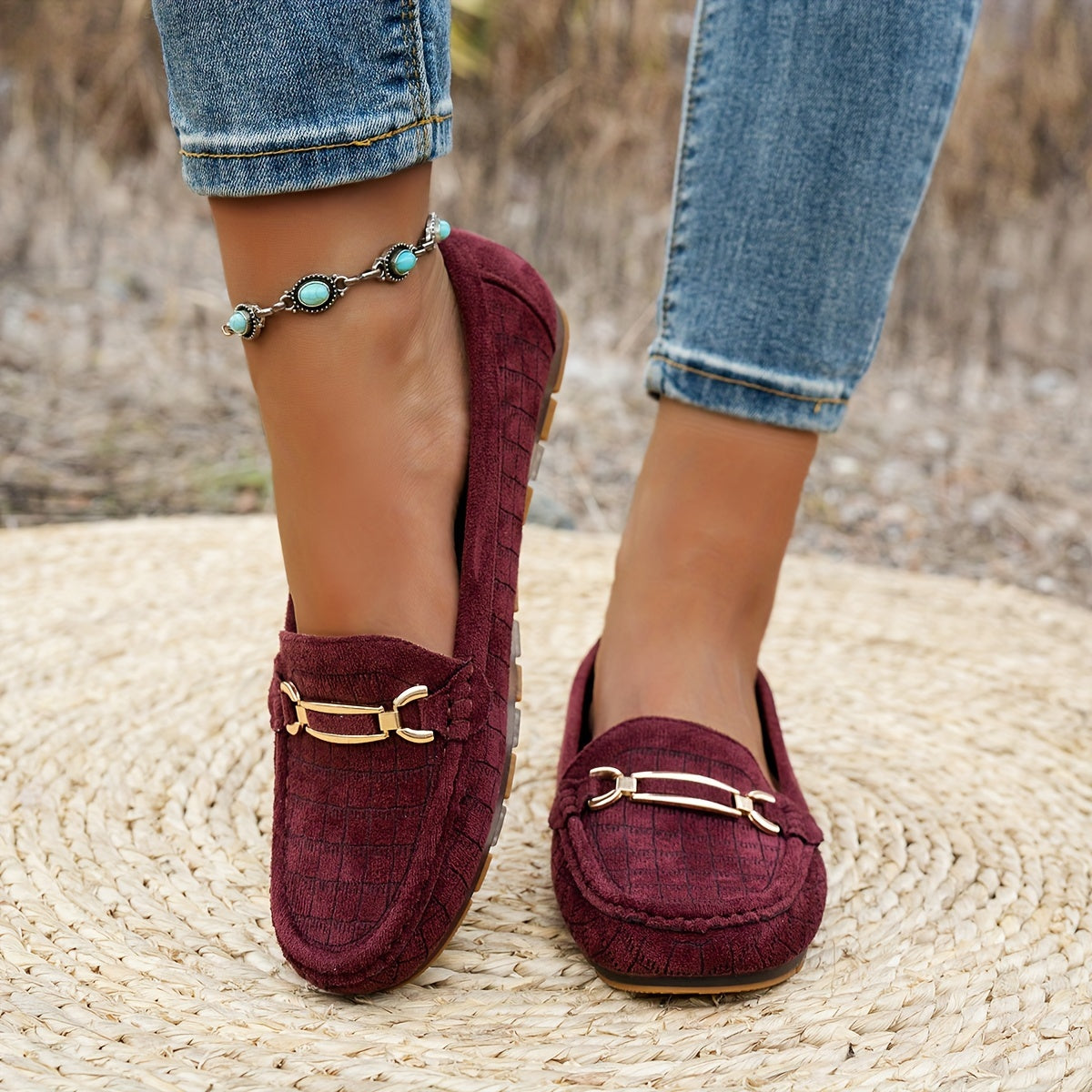 Women's Flat Loafers with Metal Button Decor, Comfortable Fabric, Solid Color