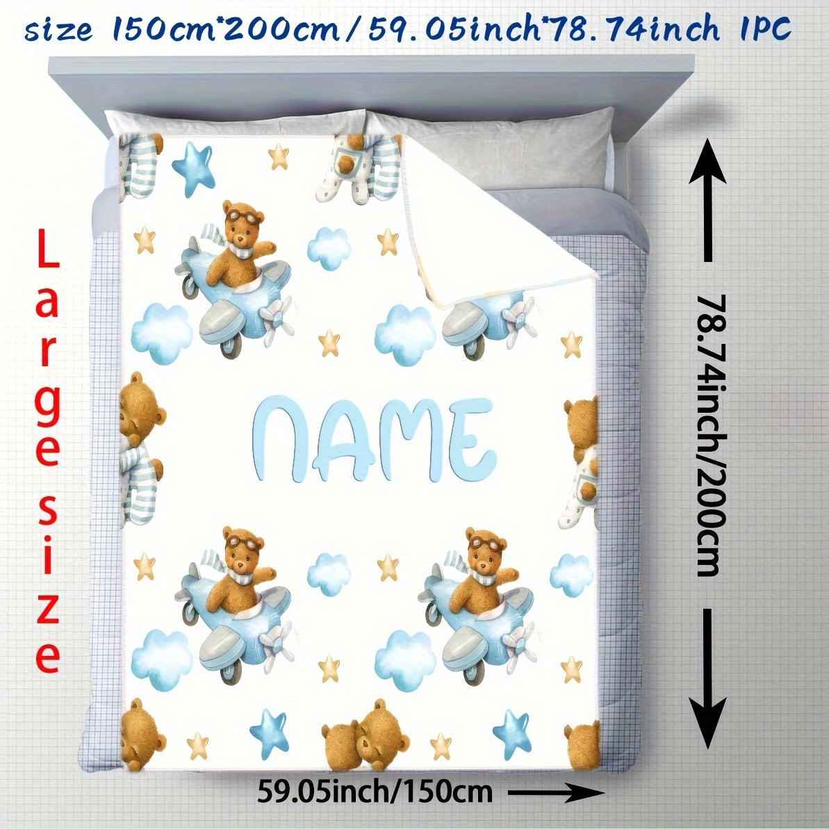 Customizable Flannel Blanket with Bear and Airplane Design for Kids and Adults