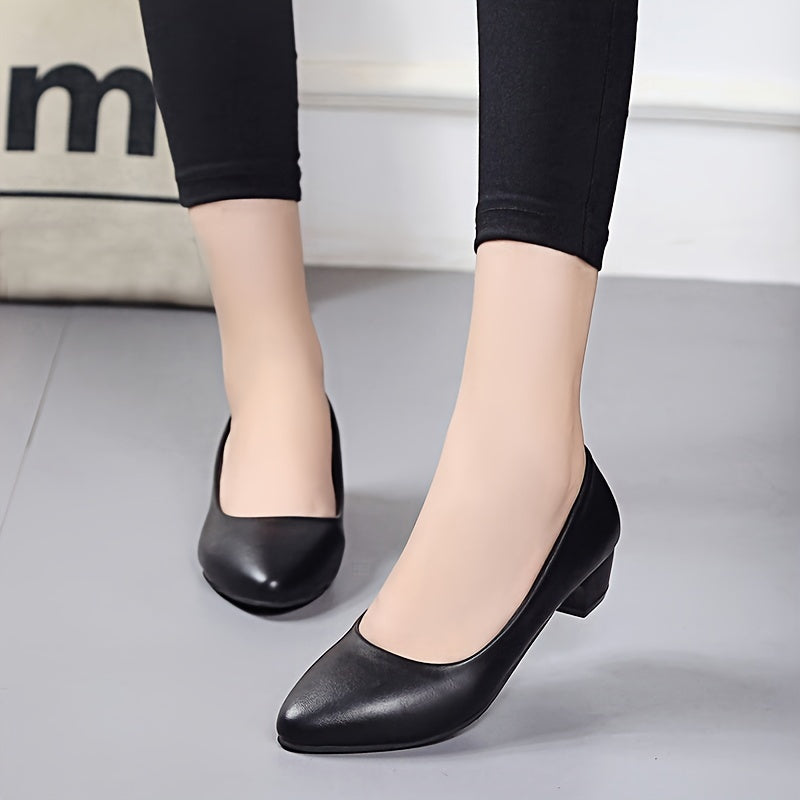 Women's Black Pointed Toe Pumps with Mid Block Heel for Office and Daily Wear