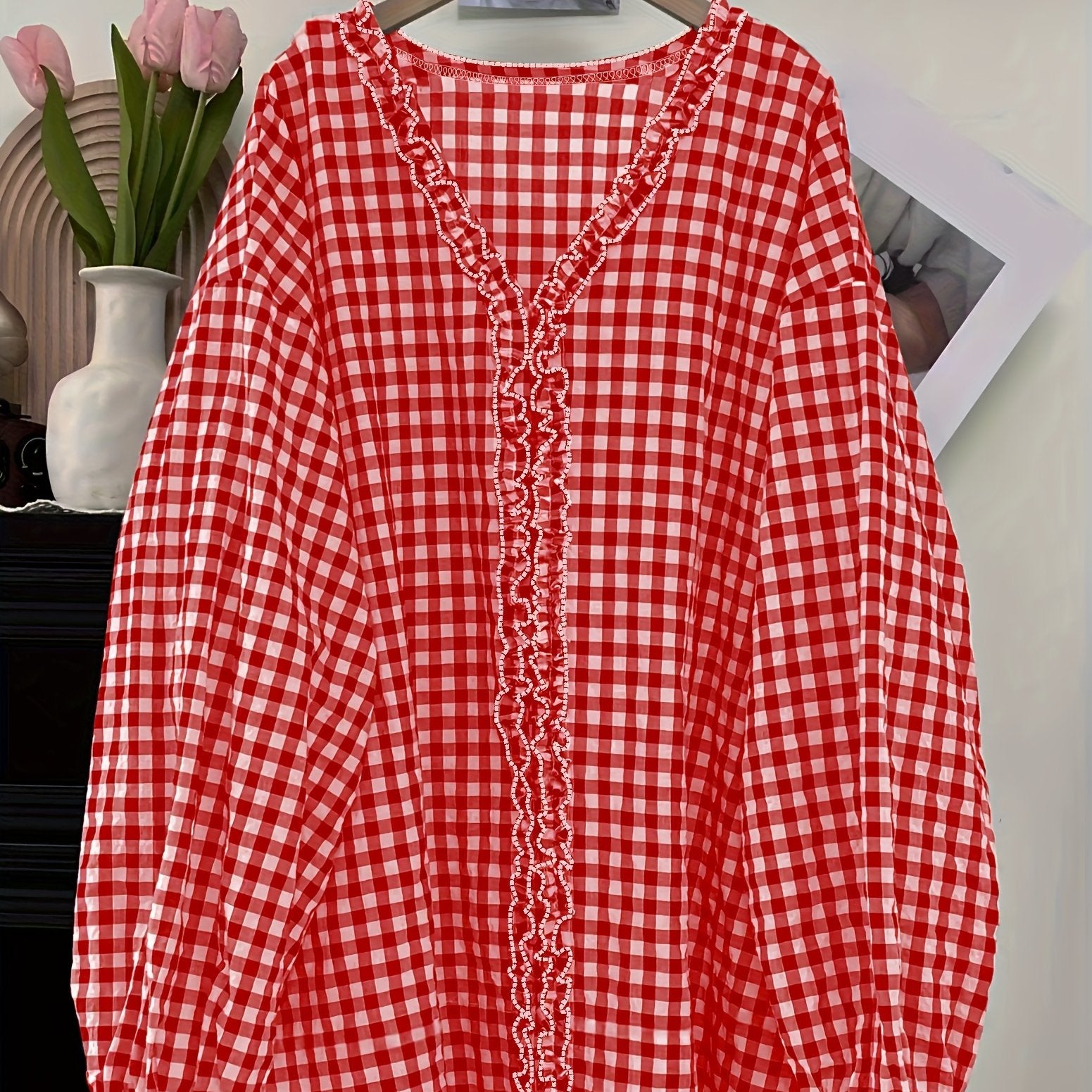 Plus Size Women's Loose Checkered Wood Ear Flap Shirt