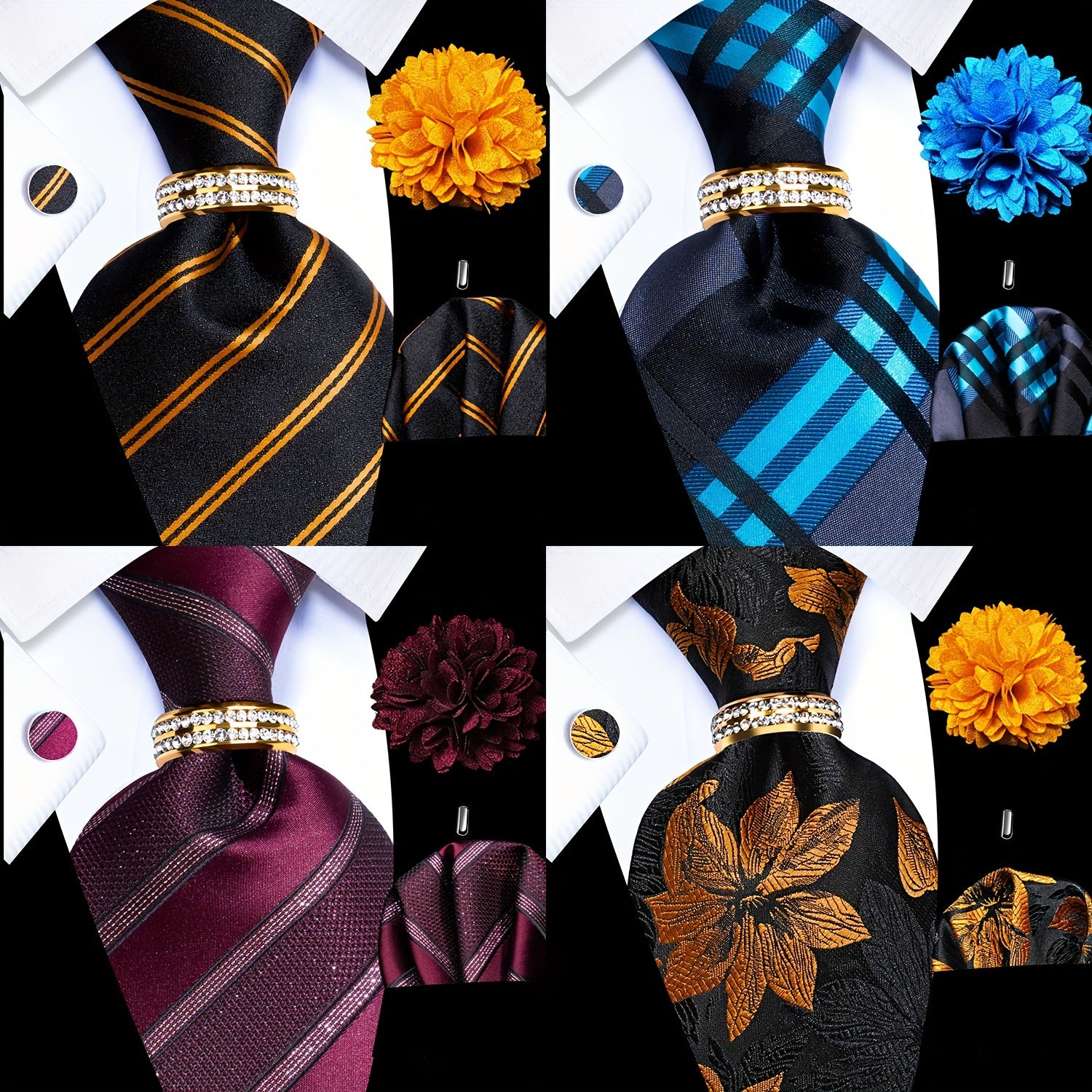Men's Formal Tie Set with Pocket Square Cufflinks Tie Clip Lapel Pin and Ring for Weddings and Occasions