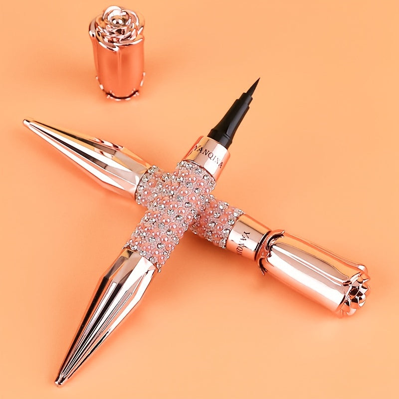 Women Black Waterproof Liquid Eyeliner Pen Long Wear Rhinestone Makeup Tool