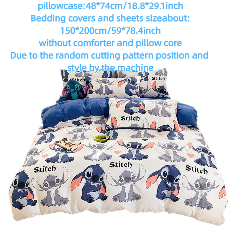 4-Piece Blue Polyester Stitch Cartoon Bedding Set Duvet Cover Flat Sheet Pillowcases for Teen Bedroom