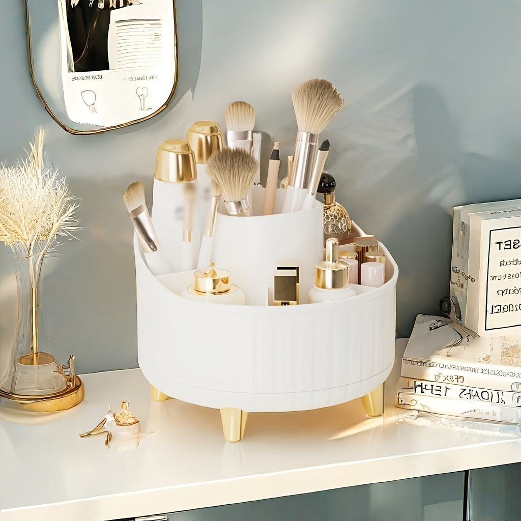 Pink and Gold Rotating Makeup Organizer with Multiple Compartments and Brush Holder