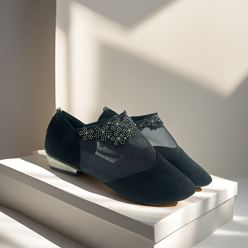 Women's Black Mesh Pointed Toe Low Heel Sandals with Flower Zipper