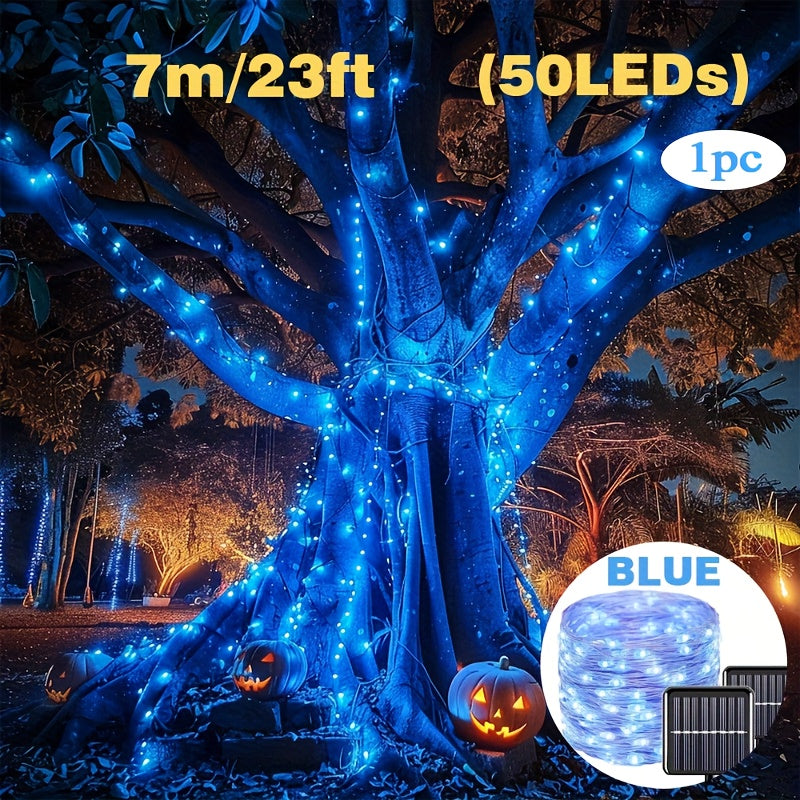 Blue Copper Wire String Lights Solar Powered Dimmable 8 Modes