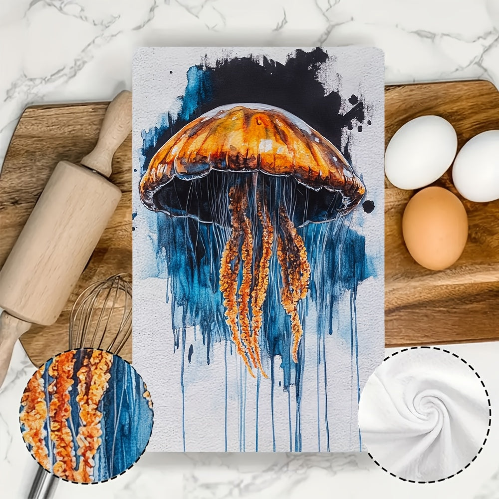 Coastal Jellyfish Kitchen Towels Set 2 Pieces, Absorbent Polyester, 16x24 Inches