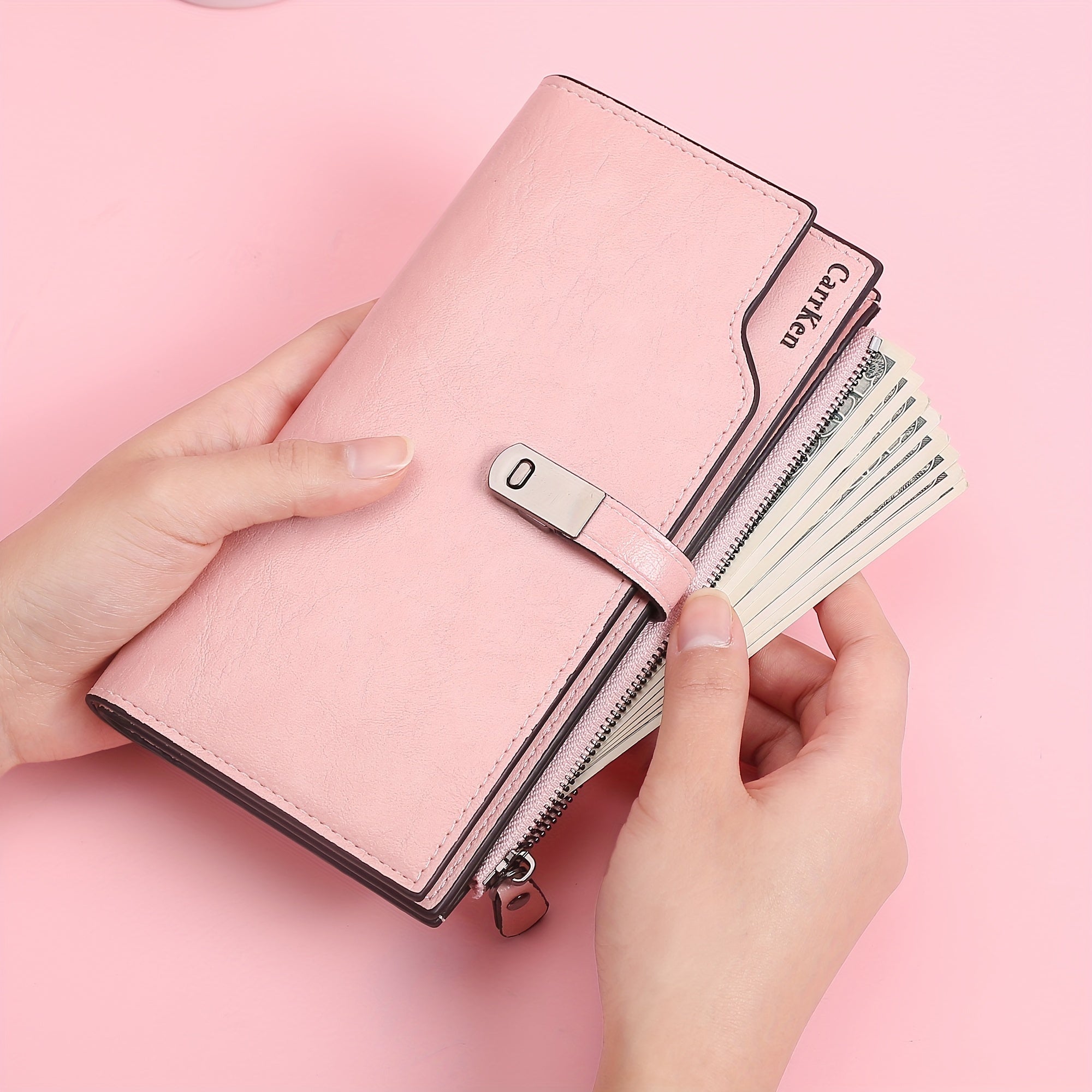 Women's Long Wallet with Buckle Closure Tri-Fold Card Slots Coin Purse Document Wallet