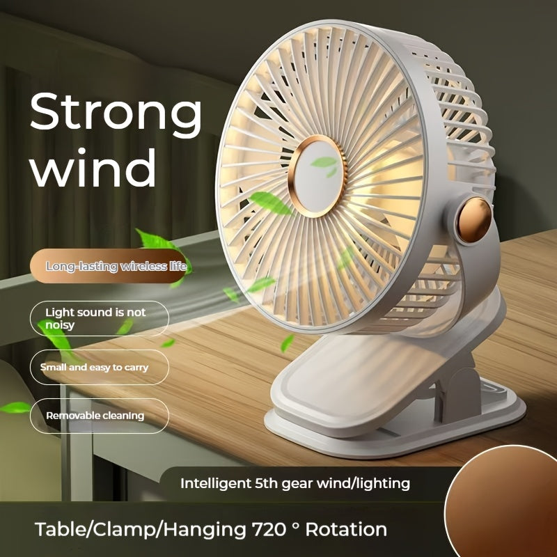 Portable Clip-On Table Fan with 360° Rotation 5-Speed Rechargeable Lithium Battery