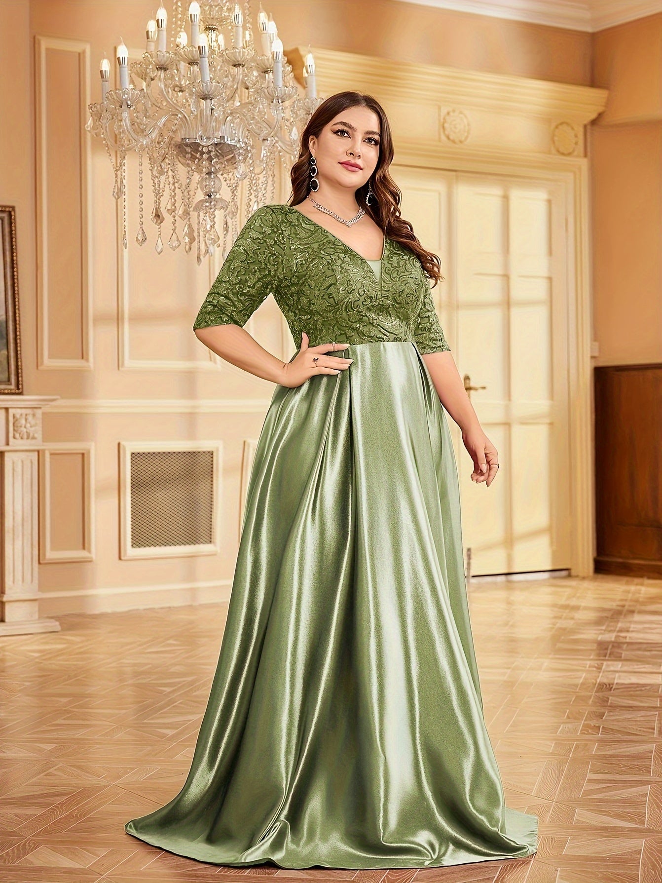 Women Sequin V-Neck Wedding Dress Mermaid A-Line Formal Gown