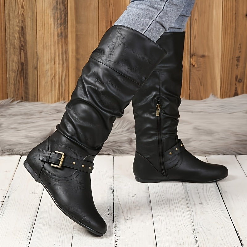 Women’s Knee-High Fashion Boots Leather Riding Flat Heel Solid Color
