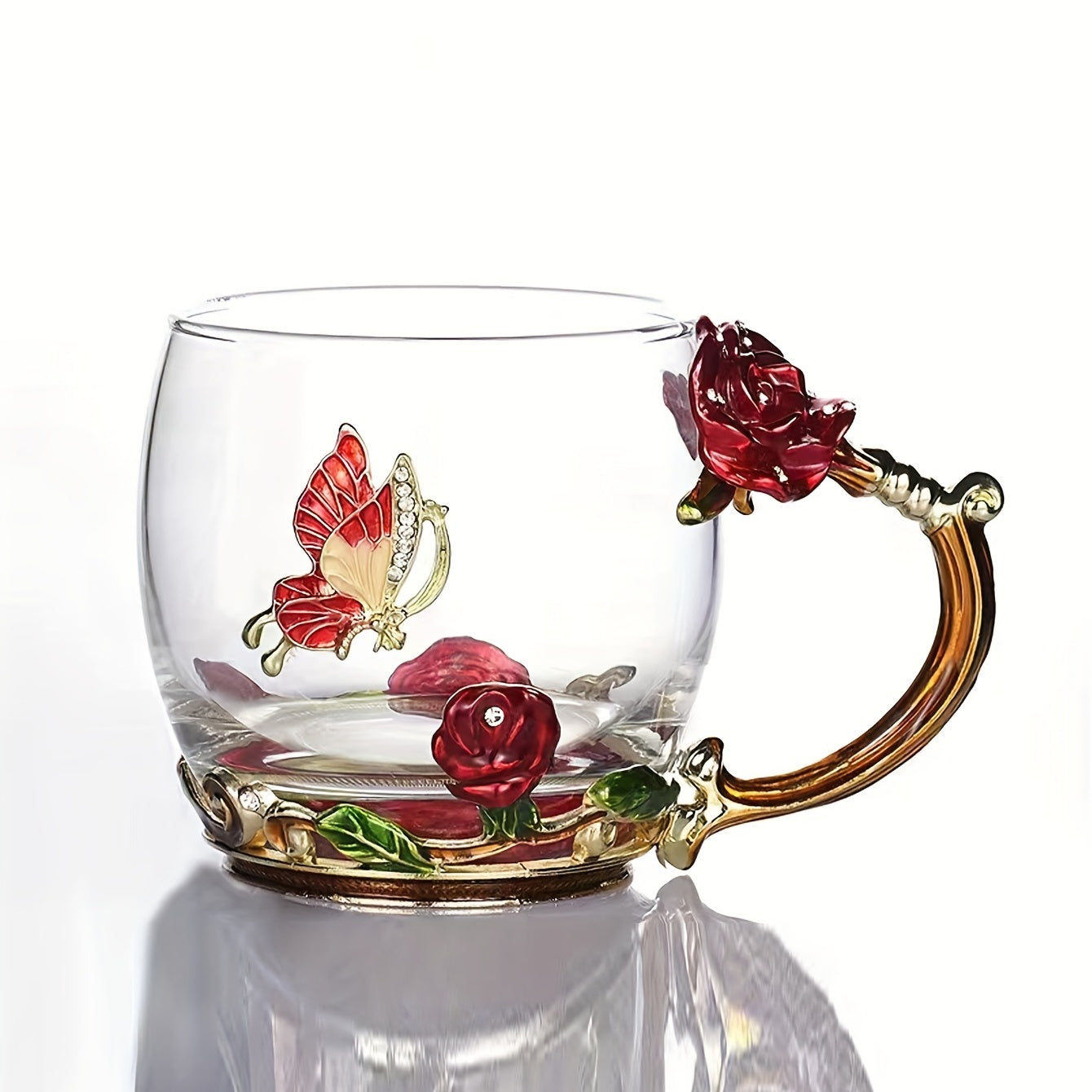 Enamel Crystal Tea Cup with Butterfly and Rose Design Heat Resistant for Coffee Water