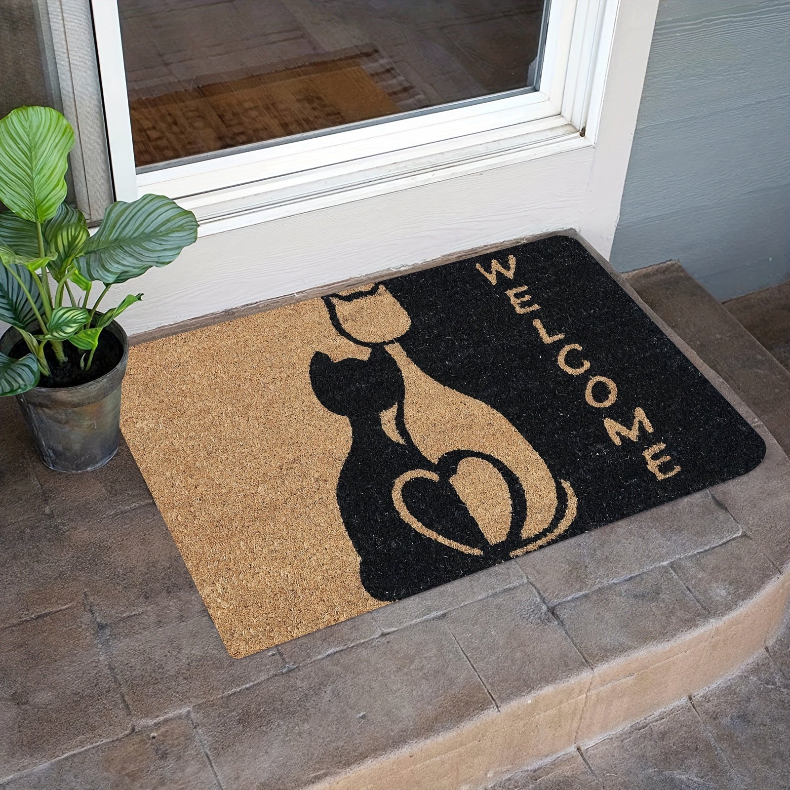 Cat Pattern Welcome Doormat Polyester Non-slip Entrance Rug for Bathroom Kitchen Living Room