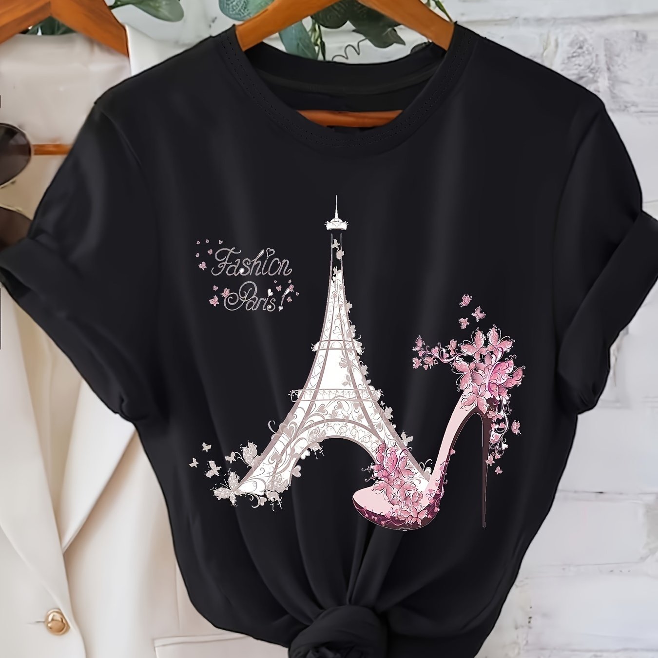 Plus Size Women's Eiffel Tower Print T-Shirt Black Polyester Casual Top