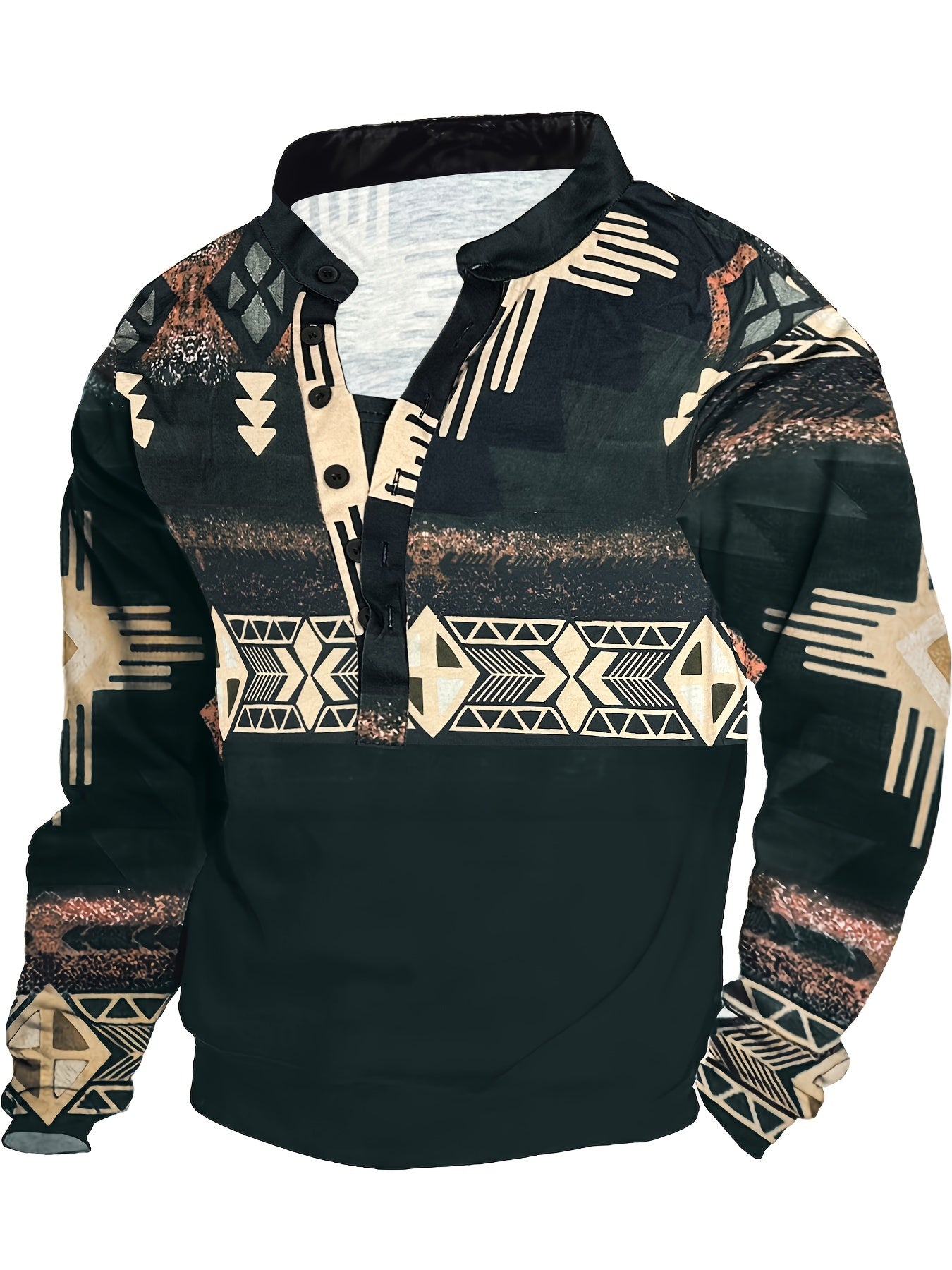 Men's Tribal Pattern Hoodie Made of 100% Polyester Knit Fabric with Lapel Collar and Button Detail