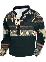 Men's Tribal Pattern Hoodie Made of 100% Polyester Knit Fabric with Lapel Collar and Button Detail