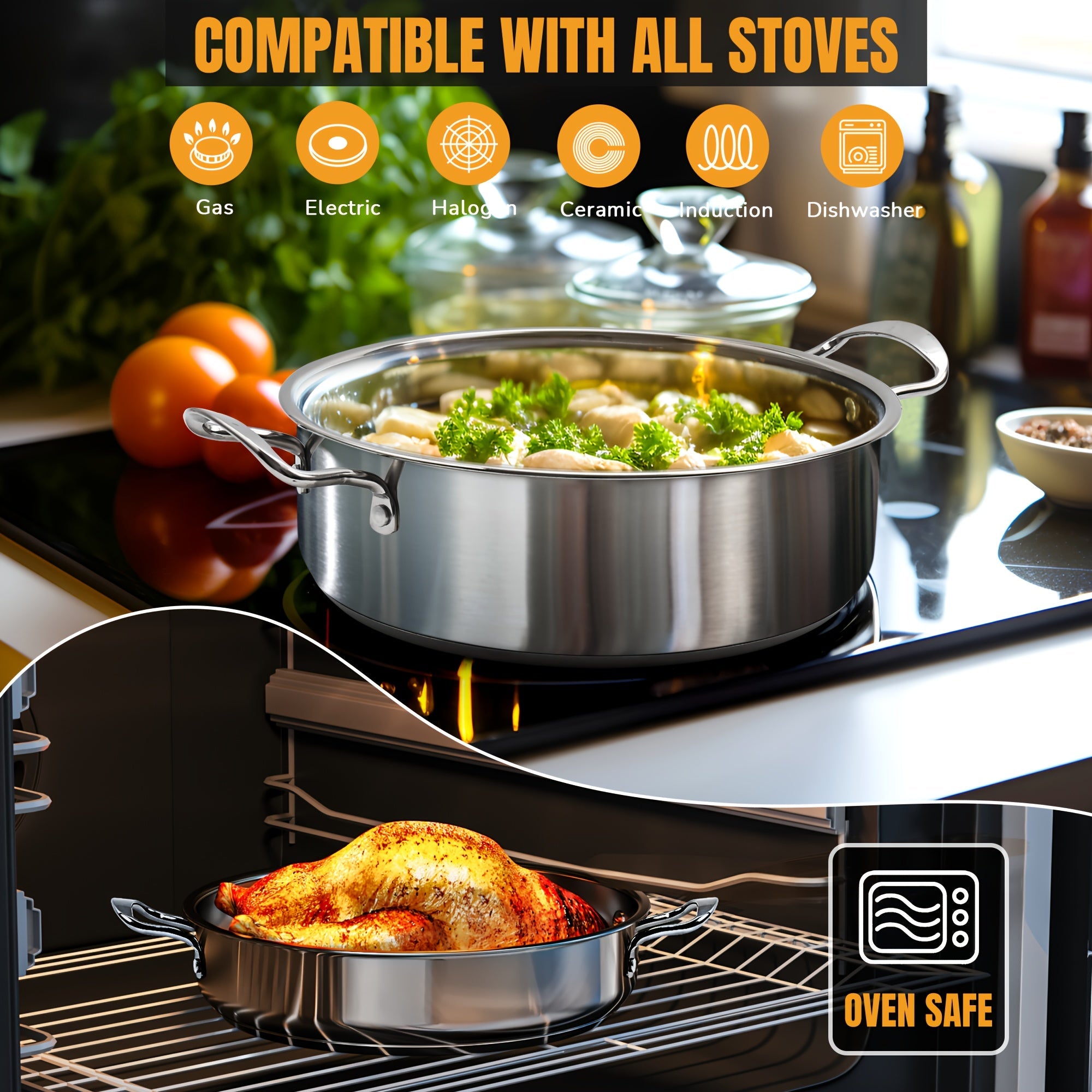Set of 6 Stainless Steel Nonstick Cookware Pots and Pans for Induction and Gas Stovetops