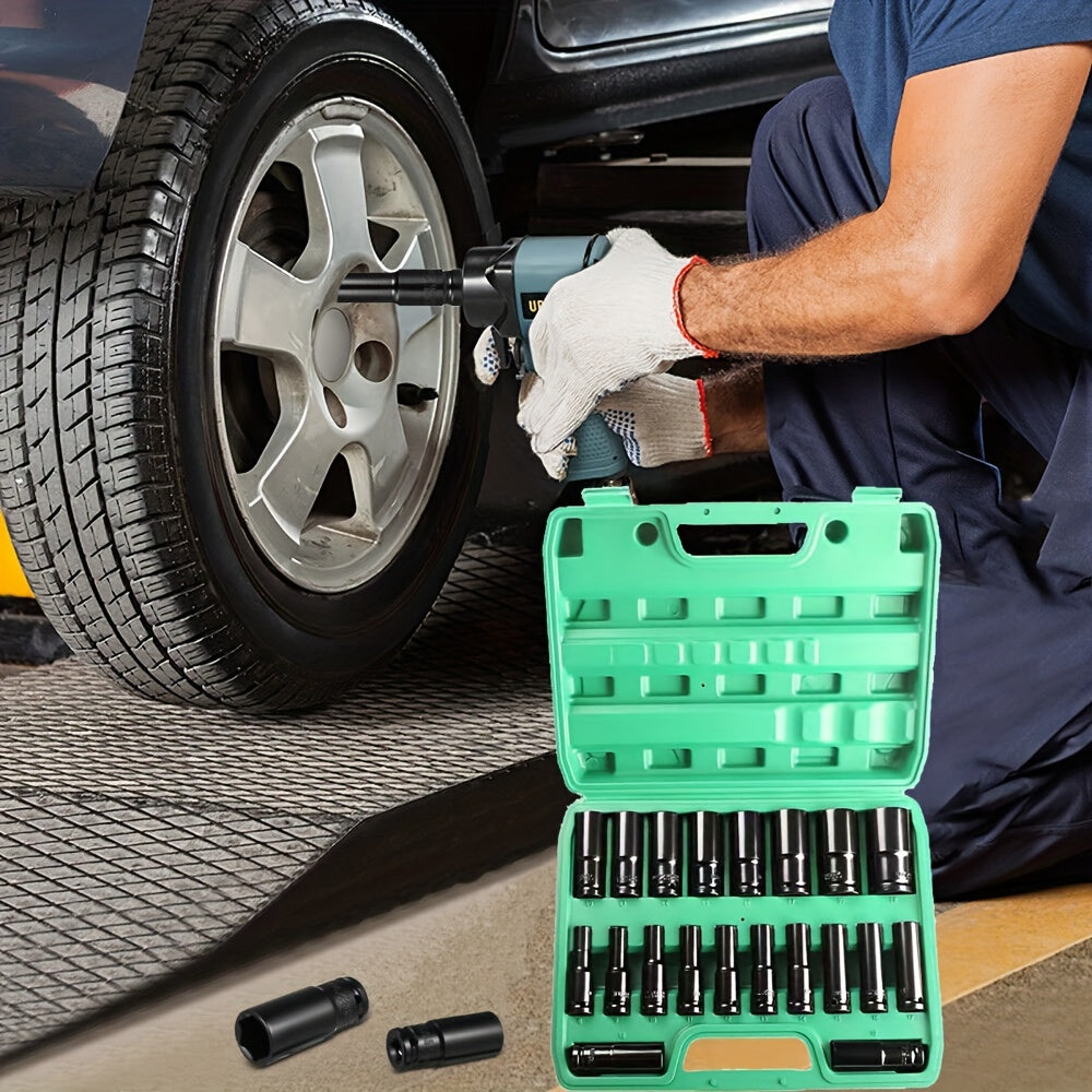 20PCS Heavy Duty Hex Impact Wrench Socket Set 8-32mm Black 1/2 Inch