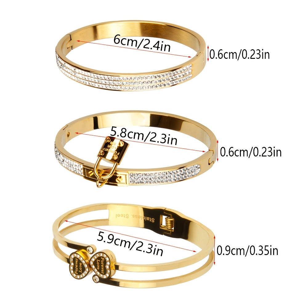Set of 3 Gold-Plated Stainless Steel Bracelets for Women with Heart Pendant